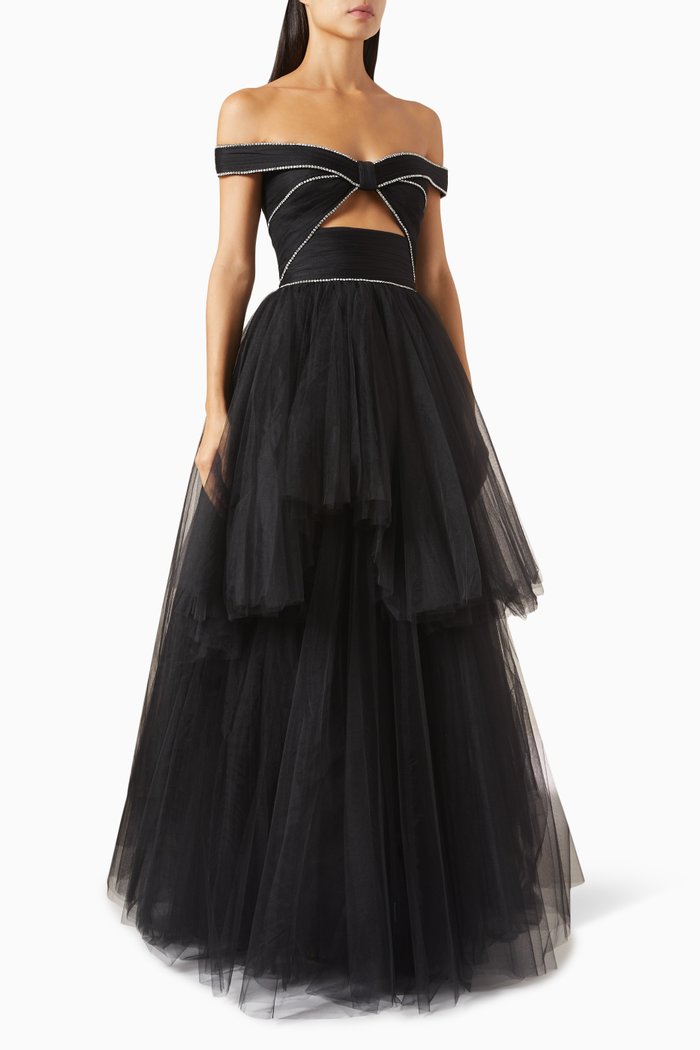 Off-shoulder Corset Dress in Tulle, Black