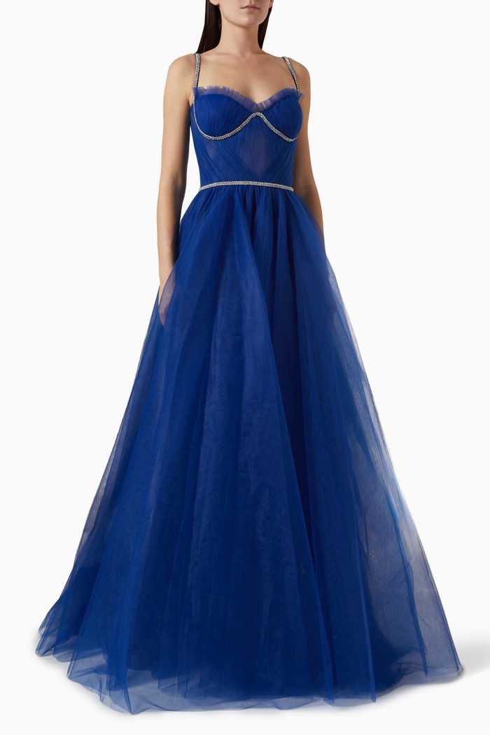 Corseted Maxi Dress in Tulle, Blue