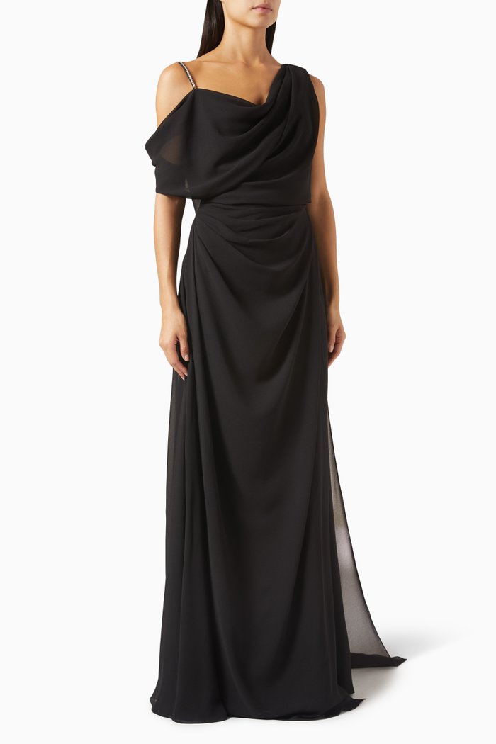 

One-shoulder Cape Dress in Crepe, Black
