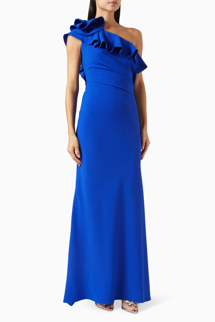 

One-shoulder Ruffle Dress in Crepe, Blue