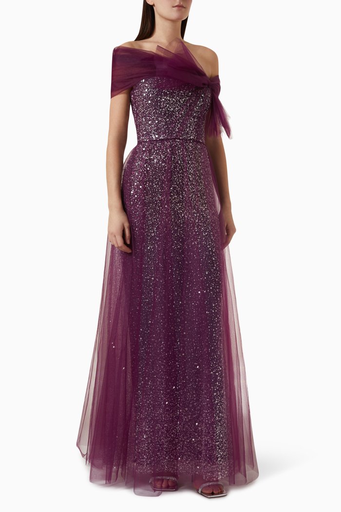 

Beaded Off-shoulder Maxi Dress in Tulle, Purple
