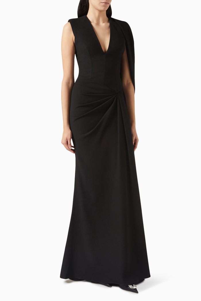 

One-sleeve Maxi Dress in Crepe, Black