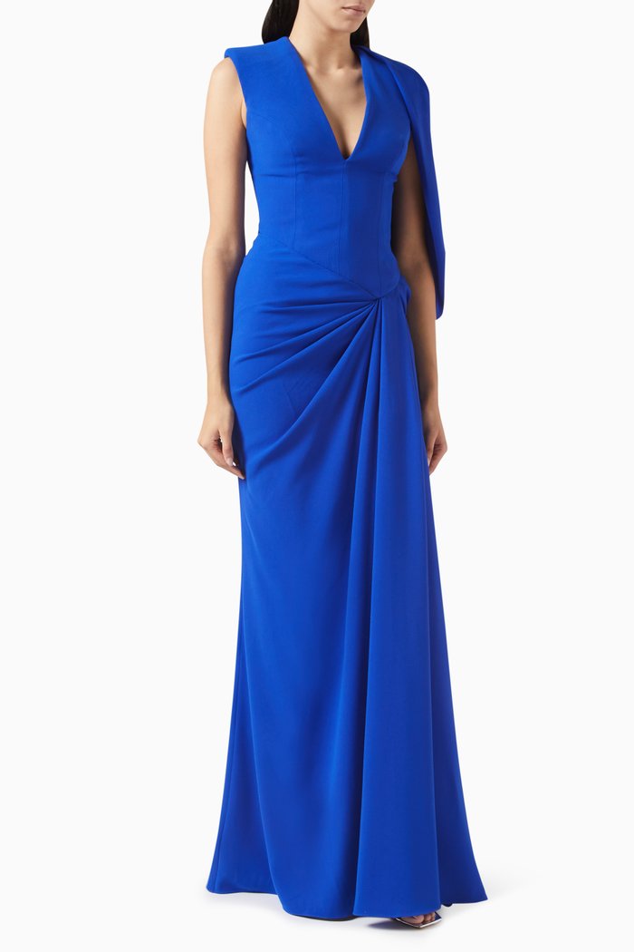 

One-sleeve Maxi Dress in Crepe, Blue