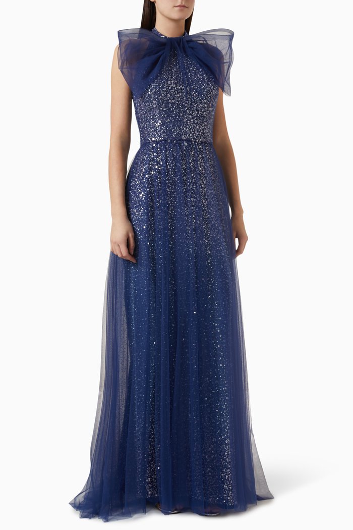 Bow Halter-neck Embellished Maxi Dress, Blue