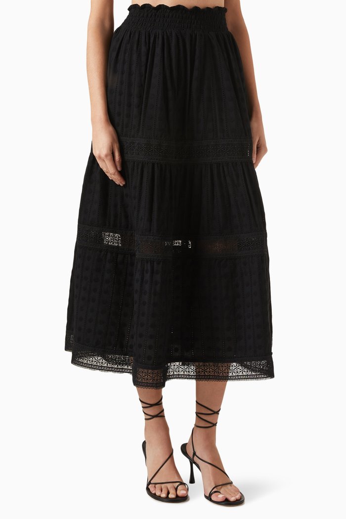 

Angela Embroidered Midi Skirt in Cotton, Black