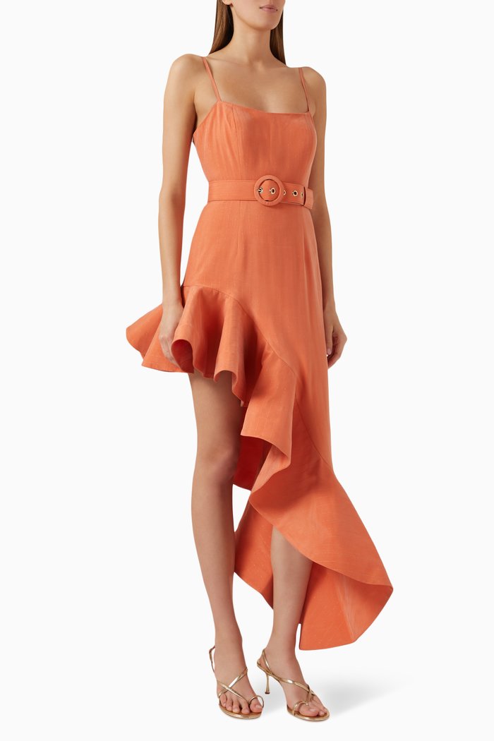 Carrie Belted Dress in Linen, Orange