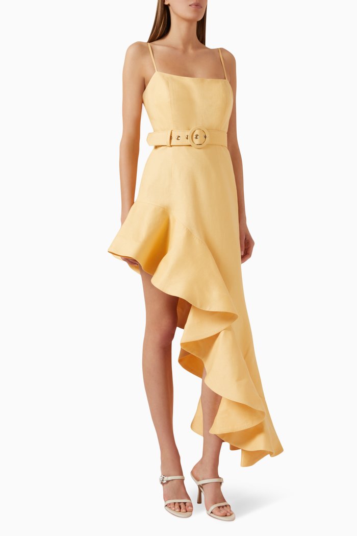 

Carrie Belted Dress in Linen, Yellow