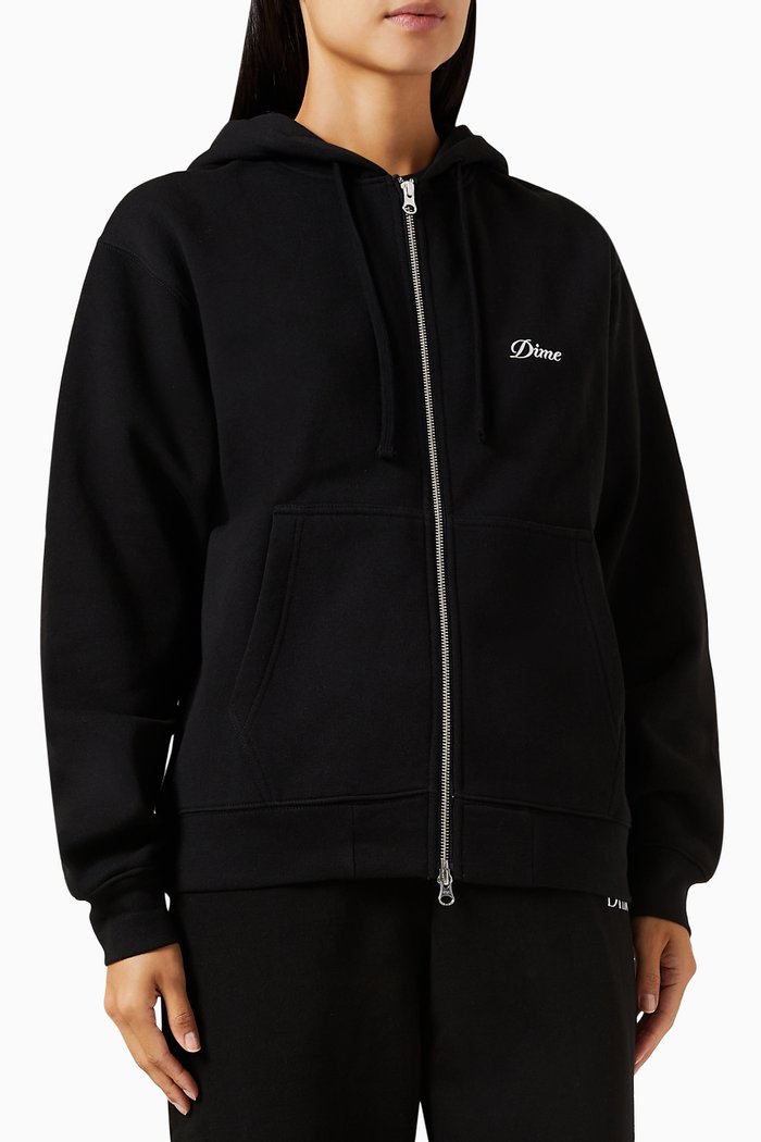 Cursive Small Logo Zip Hoodie in Cotton, Black