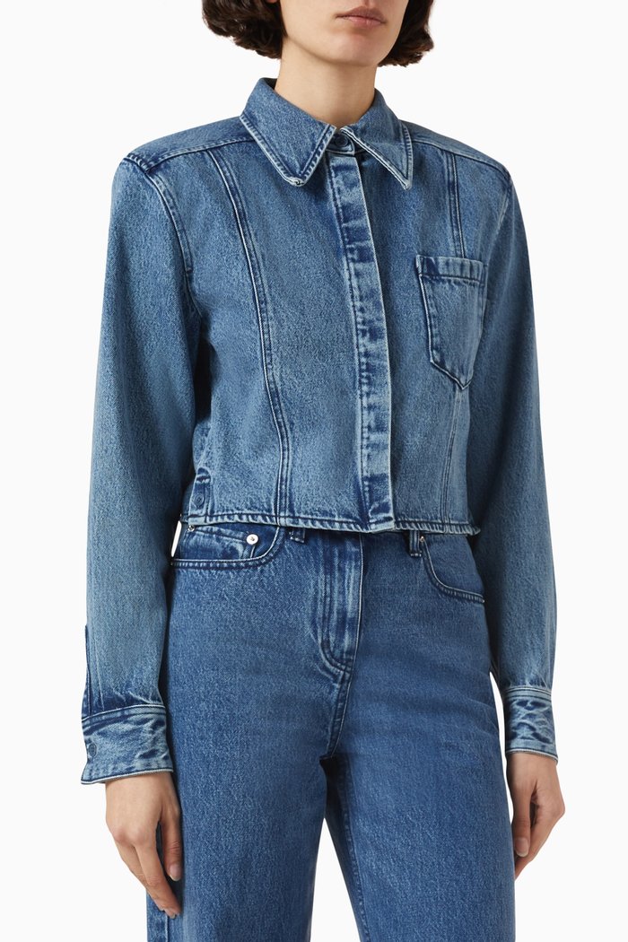 

Padded Shoulders Cropped Jacket in Denim, Blue