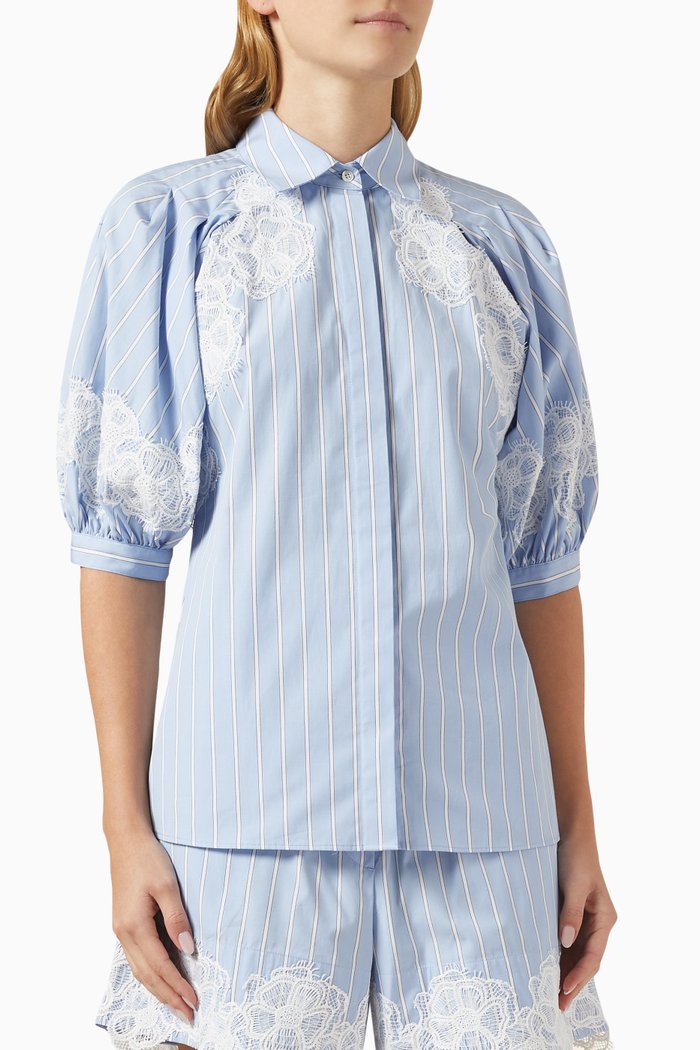 Lantern Sleeve Stripe Shirt in Cotton, Blue