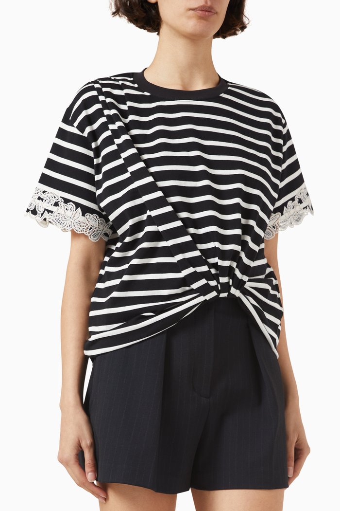 

Striped Draped Lace T-shirt in Cotton-jersey, Black