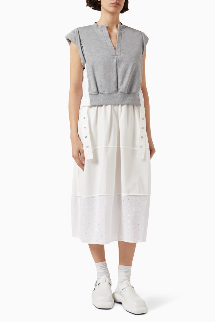 

Rolled-sleeve Mixed Media Midi Dress in Cotton, Grey