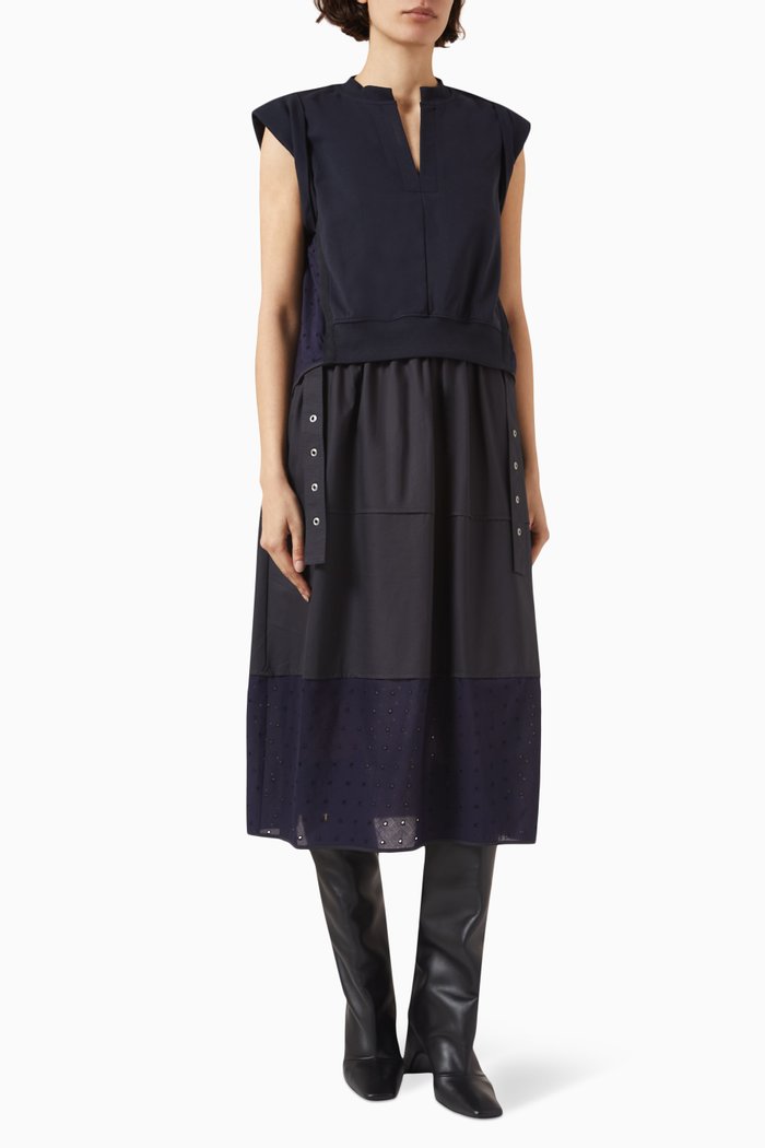 

Rolled-sleeve Mixed Media Midi Dress in Cotton, Blue