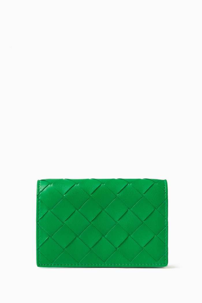 Business Card Case in Intrecciato Leather, Green