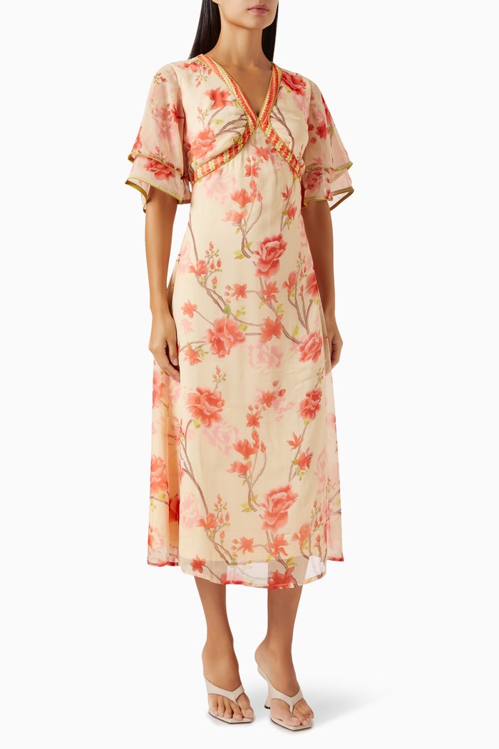 

Floral-print Midi Dress in Crinkle-georgette, Neutral