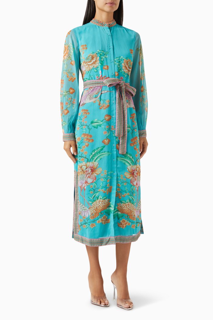 

Floral-print Belted Midi Dress in Crinkled Georgette, Blue