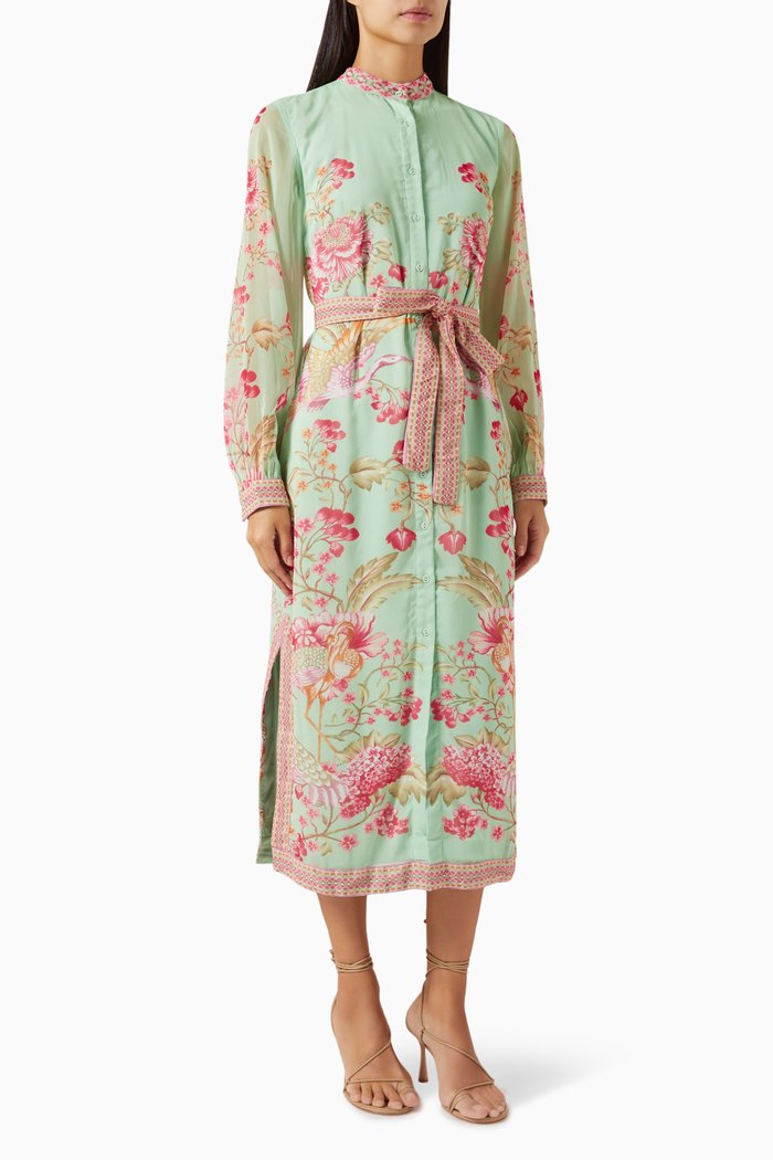 

Floral-print Belted Midi Dress in Crinkled Georgette, Green