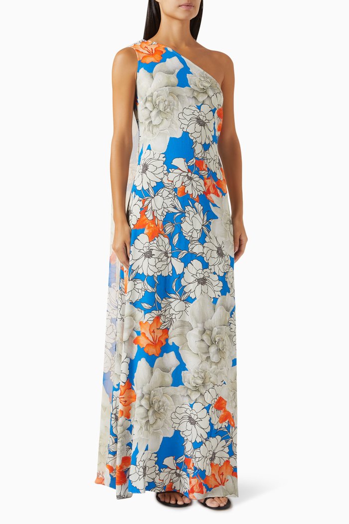 One-shoulder Floral-print Maxi Dress in Viscose, White