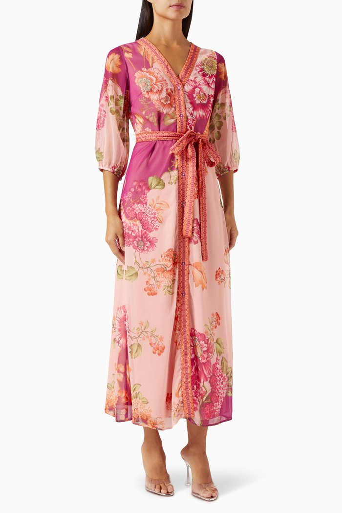 

Floral-print Belted Midi Dress in Crinkle Georgette, Pink