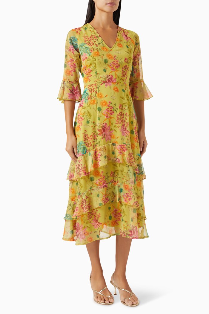 

Ruffled Floral-print Maxi Dress in Crinkle Georgette, Green