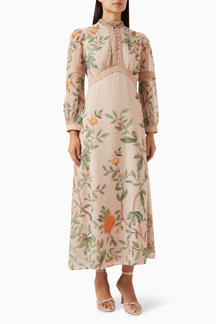

Floral-print Midi Dress in Crinkle Lurex Georgette, Neutral
