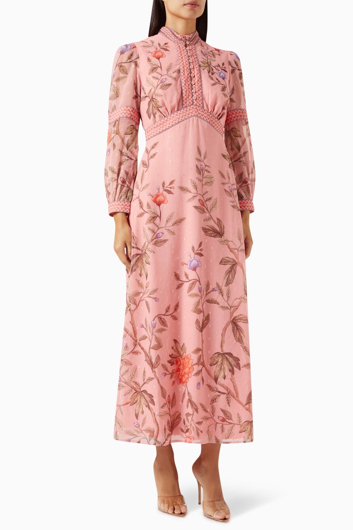 

Floral-print Midi Dress in Crinkle Lurex Georgette, Pink