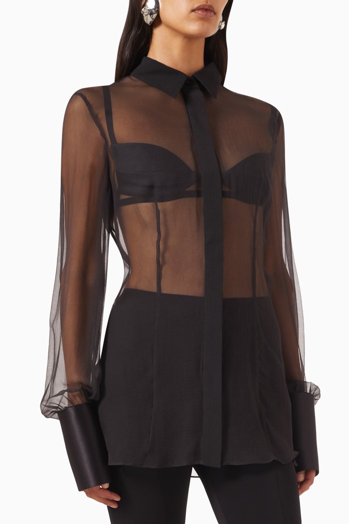 

Sheer Fitted Shirt with Satin Cuffs in Silk, Black