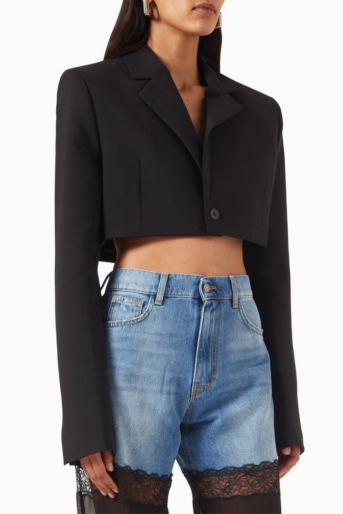 

Tailored Crop Blazer in Stretch Wool-blend, Black