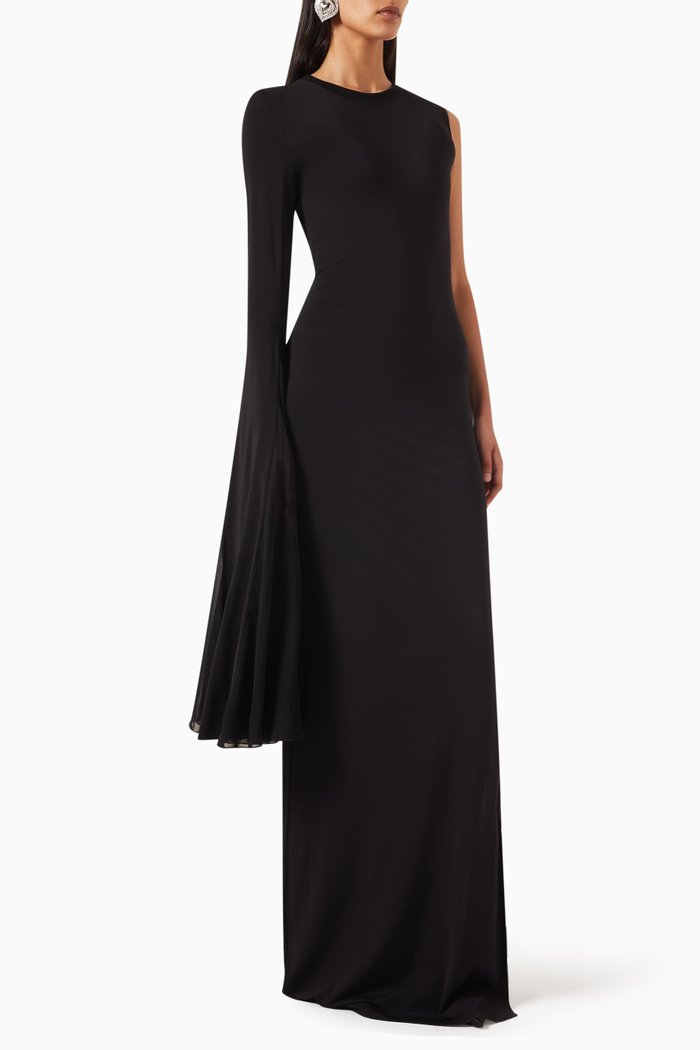 

Asymmetrical Flared-sleeve Maxi Dress in Stretch-viscose, Black