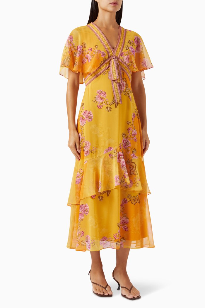 Tie-up Maxi Dress in Crinkle Geogette, Yellow