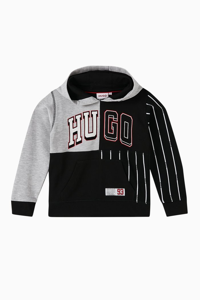 

Logo-print Patchwork Hoodie in Organic-cotton Blend, Grey
