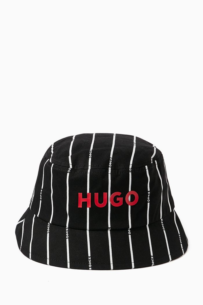 Logo Striped Bucket Hat in Cotton-canvas, Black