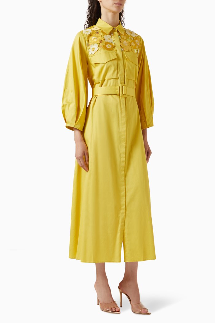 Catalina-A Floral-embellished Belted Dress, Yellow
