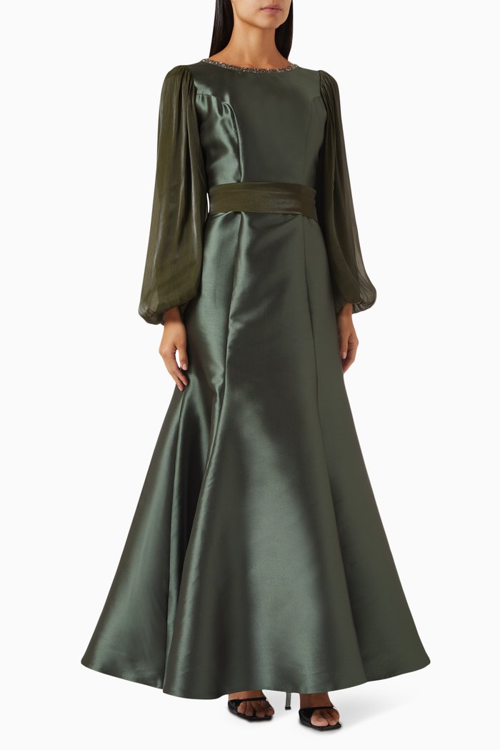 

Crystal-embellished Balloon-sleeve Maxi Dress, Green