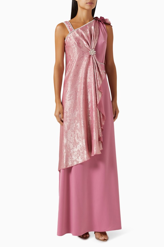 

3D Floral-embellished Cape Maxi Dress, Pink