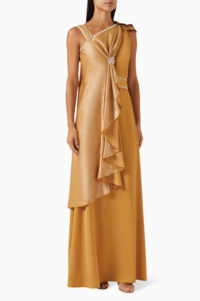 

3D Floral-embellished Cape Maxi Dress, Yellow