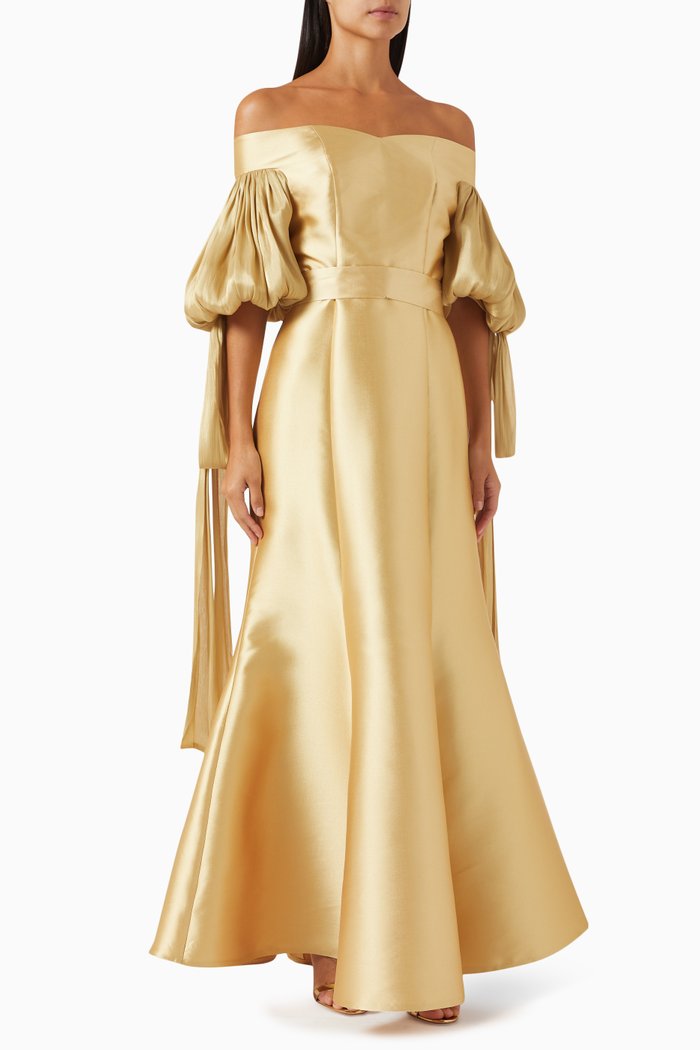 Off-shoulder Flared Maxi Dress, Yellow