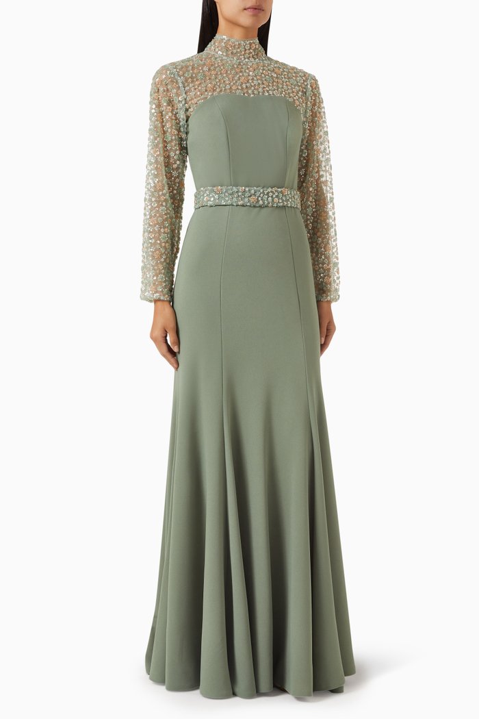 

Sequin-embellished Maxi Dress in Crepe, Green
