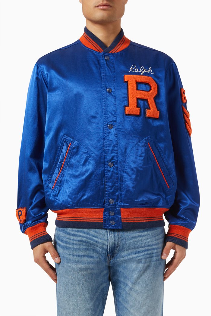 

Baseball Bomber Jacket in Satin, Blue