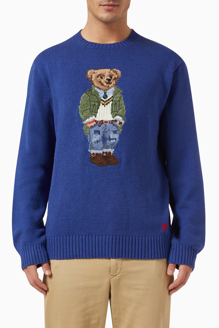Polo Bear Pullover in Cotton, Blue