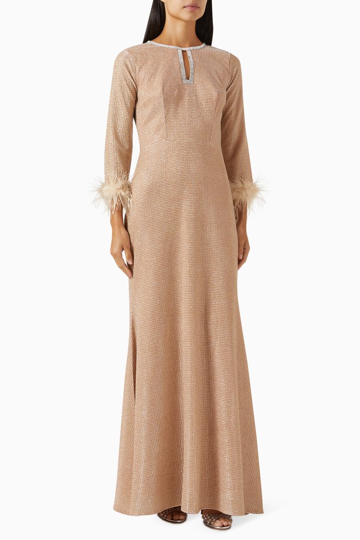 

Feather-cuff Maxi Dress, Gold