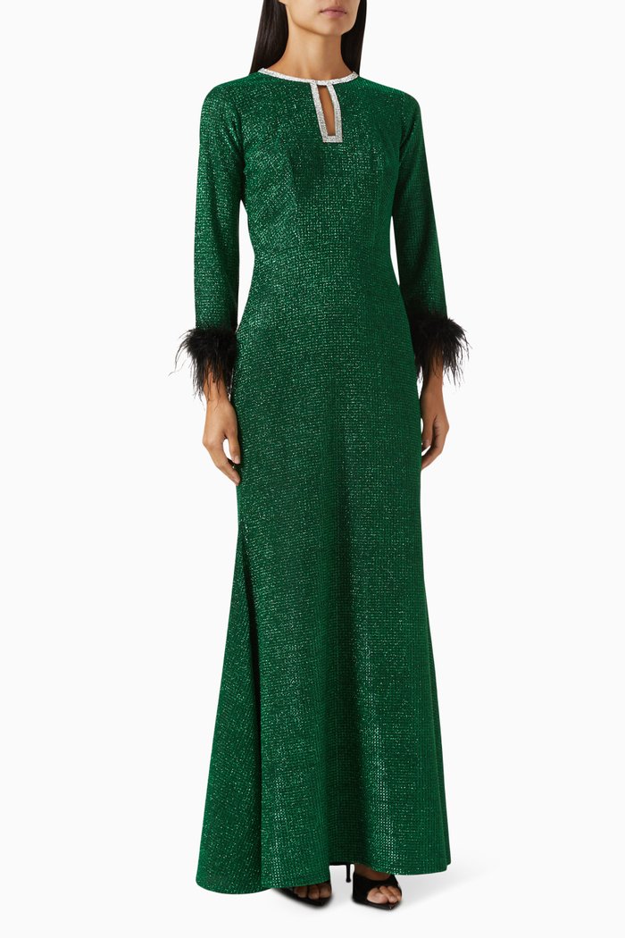 

Feather-cuff Maxi Dress, Green