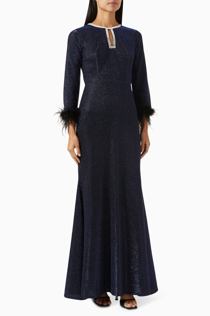 Feather-cuff Maxi Dress, Blue
