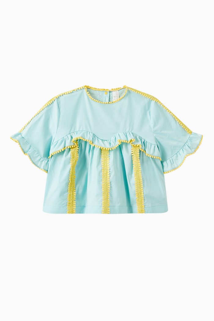 

Pearl Flutter Sleeve Top in Cotton, Blue