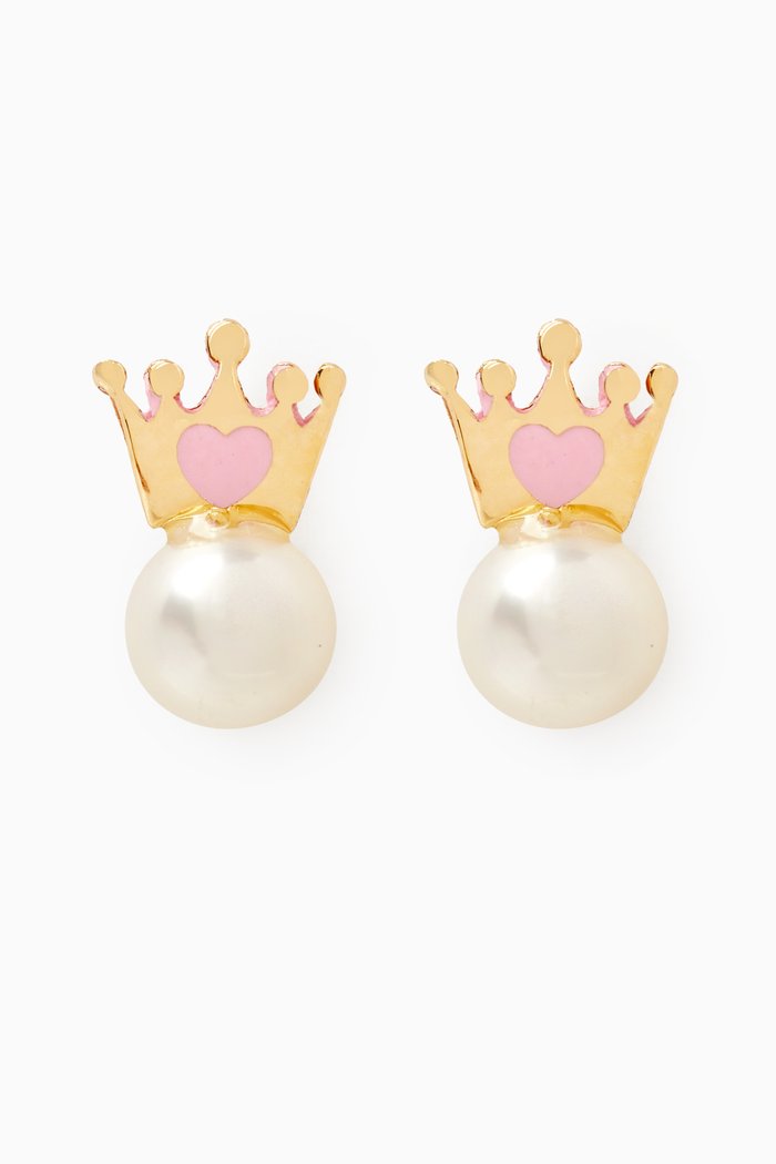 

Hearted Crown Pearl & Enamel Stud Earrings in 18kt Gold