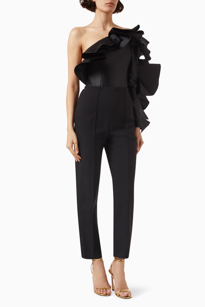 Hana Ruffle Jumpsuit in Crepe, Black