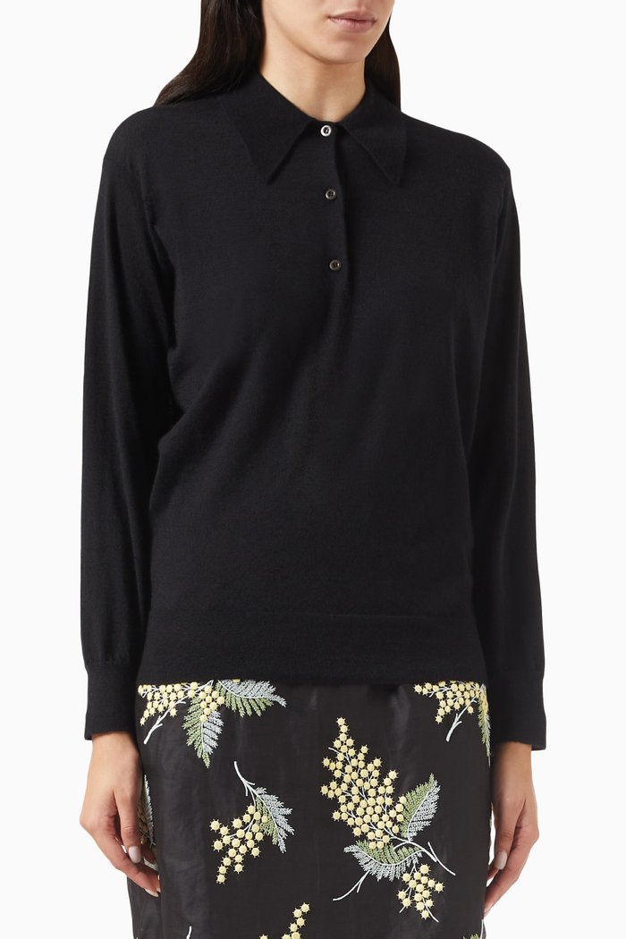 

Long-sleeved Polo Shirt in Cashmere, Black