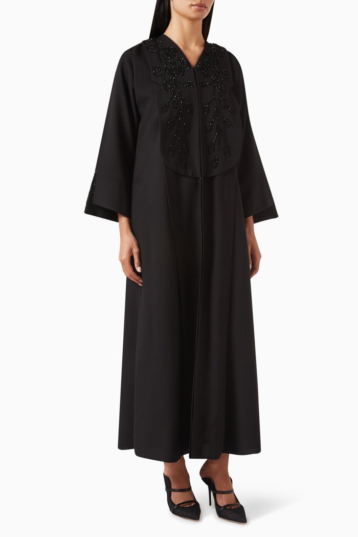 

Thread & Bead Embroidered Abaya in Mixed Linen, Black