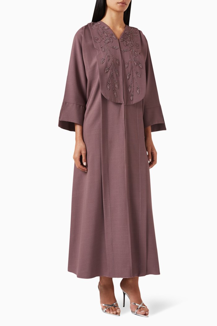 Thread & Bead Embroidered Abaya in Mixed Linen, Purple