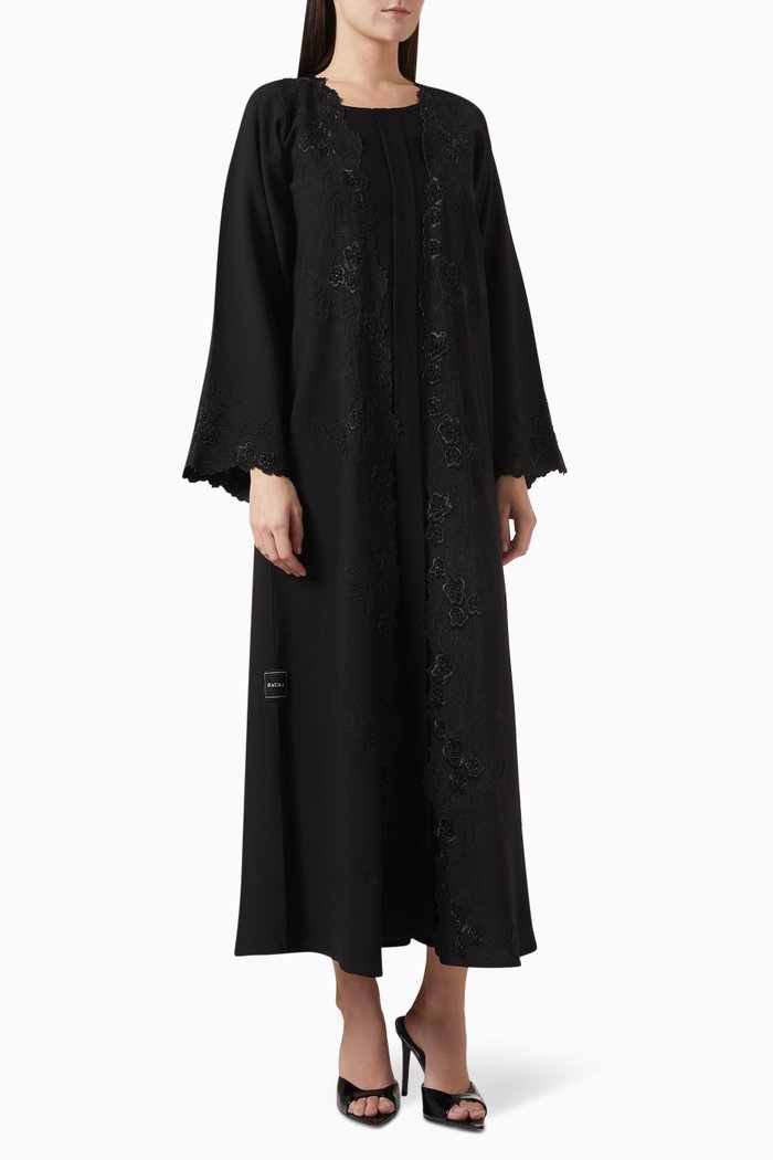 

Thread & Bead Embroidered Abaya Set in Mixed Crepe, Black